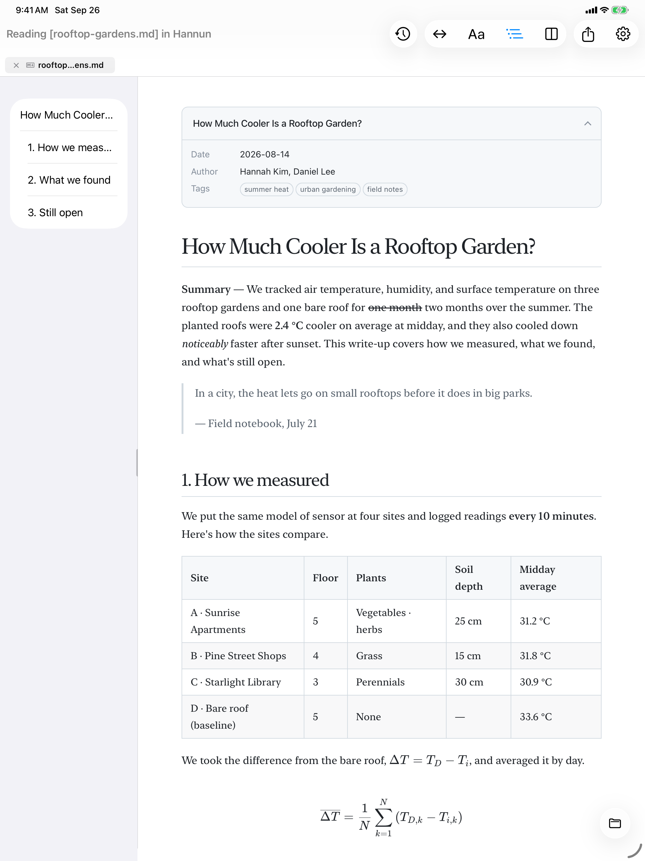 Hannun on iPad — table of contents beside the preview